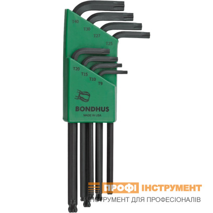 Набір ключів BONDHUS (БОНДХУС) TORX 8 шт, Tx9/Tx10/Tx15/Tx20/Tx25/Tx27/Tx30/Tx40, сферич.