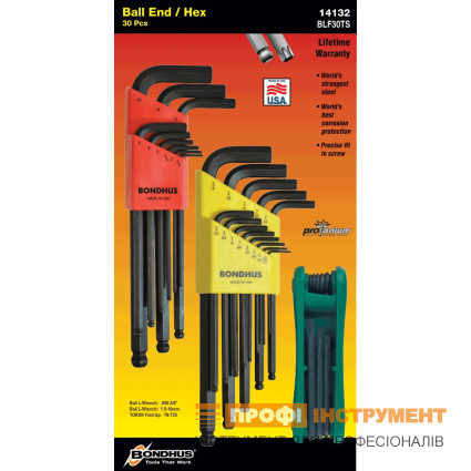 Набір ключів BONDHUS (БОНДХУС) шестигранних 30 шт. .050-3/8" + 1.5-10 мм сферич. + доладний ТORX 8 шт. ТХ6-ТХ25, ІP.