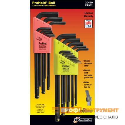 Набір ключів BONDHUS (БОНДХУС) шестигранних 22 шт. .050-3/8" + 1.5-10 мм, серія ProHold, сферич., ІP.