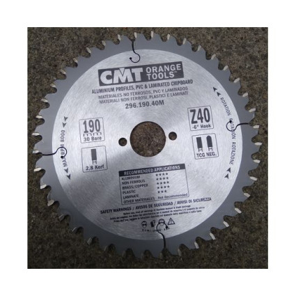 CMT saw blade - 190x2.8x30 mm; Z 40; -6 deg; TCG; aluminum; col. met.; laminate, plastics, wood (296.190.40M)