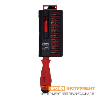 Отвертка-держатель бит FELO 1/4" 1000V + Набор бит FELO 25 мм SL/PZ/PZ3/PH/Torx; 12 шт. (02091206)