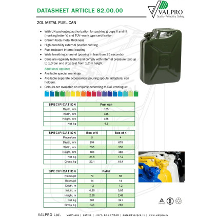 Канистра металлическая VALPRO 20L Classic line DIN 7274