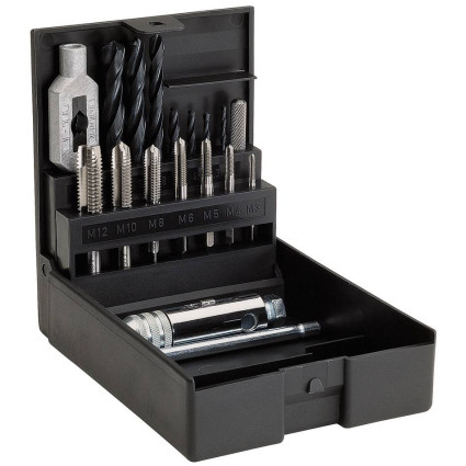 Набор метчиков VOLKEL машинных (комплект 1 шт) M3-4-5-6-8-10-12, DIN 352, резьба DIN 13, сверла 2,5х3,3х4,2х5,0х6,8х8,5х10,2 мм, Метчикодержатель №1.1/2, DIN 1814, HSS-G, пластиковый кейс (47601)