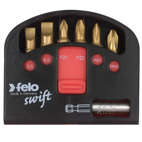 Bit set FELO Swift TIN 25 mm 5,5x1/6,5x1,2/PZ1/2PZ2/PH1/PH2+magnetic holder, 7 pieces (02060176)