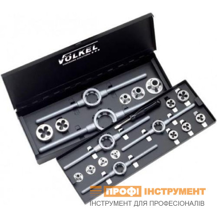 Набор плашек VOLKEL M3-4-5-6-8-10-12, DIN 223 (DIN EN 22568), резьба DIN 13, с комплектом направляющих для плашек 7 шт, Плашкодержатель VOLKELи 20x5, 20x7, 25х9,3 225 (DIN EN 22568), HSS-G, металлический кейс (49599)