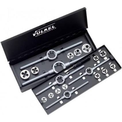 Набор плашек VOLKEL M3-4-5-6-8-10-12, DIN 223 (DIN EN 22568), резьба DIN 13, с комплектом направляющих для плашек 7 шт, Плашкодержатель VOLKELи 20x5, 20x7, 25х9,3 225 (DIN EN 22568), HSS-G, металлический кейс (49599)