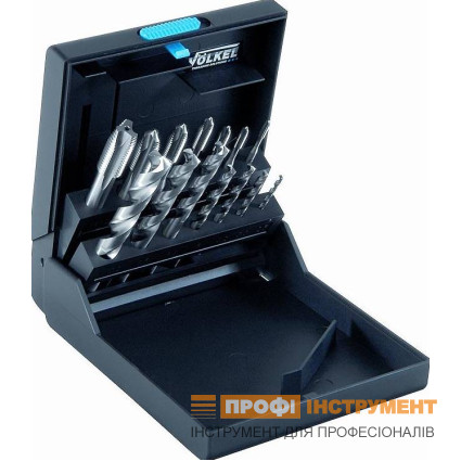 Набор метчиков VOLKEL машинных (комплект 1 шт) М3-4-5-6-8-10-12, DIN 371, резьба DIN 13, сверла 2,5х3,3х4,2х5,0х6,8х8,5х10,2 мм, HSS- E, материалы до 900 Н/кв.мм, пластиковый кейс (47835)