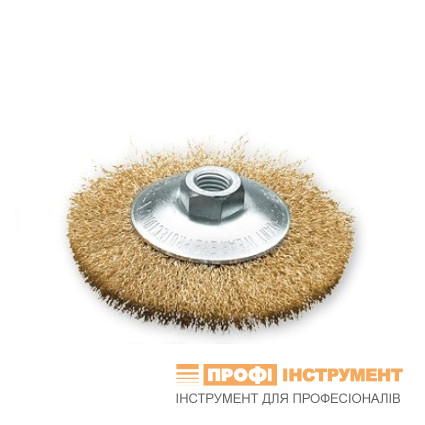 Щетка коническая 100x10 мм стальной латунований гофрированный проволока 0.30 мм. М14х2.0 LESSMANN ( ЛЕСМАН )