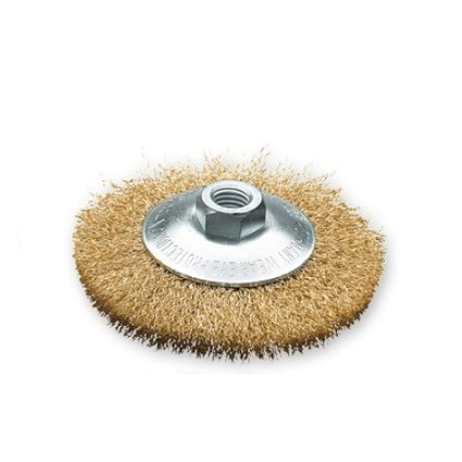 Щетка коническая 100x10 мм стальной латунований гофрированный проволока 0.30 мм. М14х2.0 LESSMANN ( ЛЕСМАН ) LESSMANN ( ЛЕСМАН )