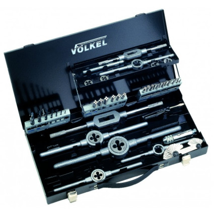 Набор метчиков VOLKEL (комплект 3 шт) и плашек M3-4-5-6-8-10-12, DIN 352, DIN 223 (DIN EN 22568), резьба DIN 13, Метчикодержатель VOLKELи №1, №2, DIN 18 Плашкодержатель VOLKELи 20x5, 20x7, 25х9, 30х11, 38х14, DIN 225 (DIN EN 22568), HSS-G, металлический к