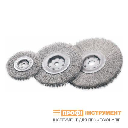 Cylindrical brush 150x14x12-30 mm, Stainless corrugated wire 0,3 mm, 6000 rpm