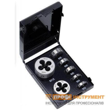 Набор плашек VOLKEL M3-4-5-6-8-10-12, HSS-E, DIN 223 (DIN EN 22568), резьба DIN 13, металлический кейс (49522)