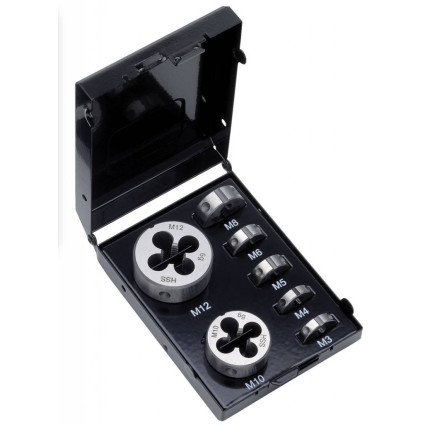 Набор плашек VOLKEL M3-4-5-6-8-10-12, HSS-E, DIN 223 (DIN EN 22568), резьба DIN 13, металлический кейс (49522)