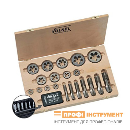 Набор шестигранных метчиков VOLKELов и плашек G (BSP) 1/8"-1/4"-3/8"-1/2"-3/4"-1", HSS-G, предназначен для ручного использования, неабразивные материалы. 900 Н/кв.мм, деревянная коробка (48628)