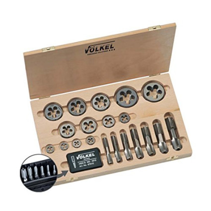 Набор шестигранных метчиков VOLKELов и плашек G (BSP) 1/8"-1/4"-3/8"-1/2"-3/4"-1", HSS-G, предназначен для ручного использования, неабразивные материалы. 900 Н/кв.мм, деревянная коробка (48628)