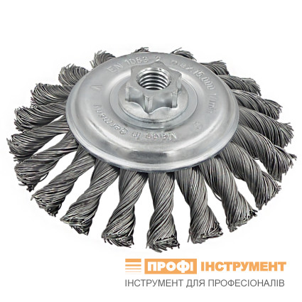 LESSMANN conical brush with 125x12xM14 (2.0 mm pitch) bristles; straight steel wire 0.50 mm, 20 bristles (473257)