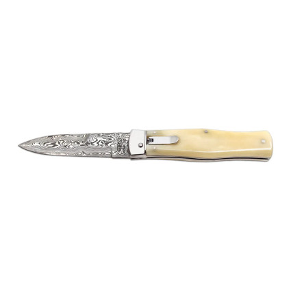 Ніж викидний PREDATOR – дамаська сталь, накладка руків'я з білої кістки 241-DKo-1