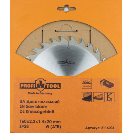 Диск пильный PROFITOOL - 160х2.2х1.4х20 мм Z=28, W (ATB) (2116004)