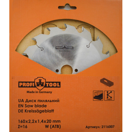 Диск пильный PROFITOOL - 160х2,2х1,4х20 мм Z=16, W (ATB) (2116007)