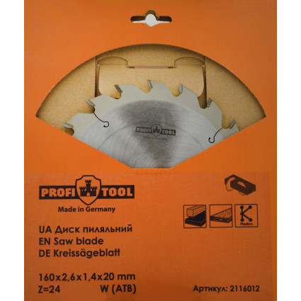 Диск пильный PROFITOOL - 160х2,6х1,6х20 мм Z=24, W (ATB) (2116012)