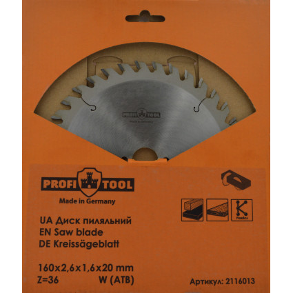 Диск пильный PROFITOOL - 160х2,6х1,6х20 мм Z=36, W (ATB) (2116013)