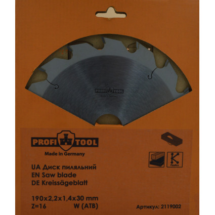Диск пильный PROFITOOL - 190х2,2х1,4х30 мм Z=16, W (ATB) (2119002)