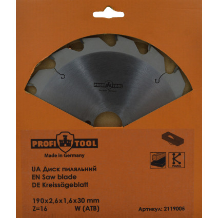 Диск пильный PROFITOOL - 190х2,6х1,6х30 мм Z=16, W (ATB) (2119005)