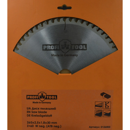 Saw blade PROFITOOL - 260x2,5x1,8x30 mm Z=60, Wneg (ATBneg) (2126003)