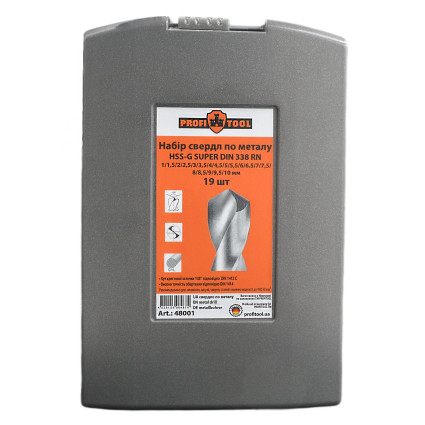 Набор сверл по металлу 1-10 мм HSS-G DIN 338 RN PROFITOOL 19 шт. (48001)