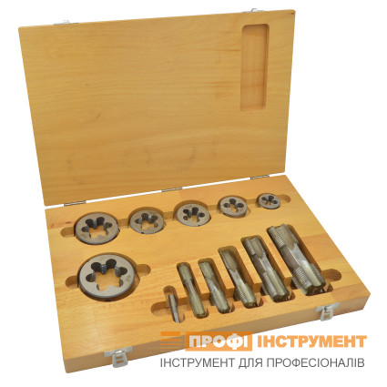 Набір мітчиків і шестигранних плашок VÖLKEL G (BSP) 1/8" - 1" 12 предметів у дерев'яному футлярі (48628)